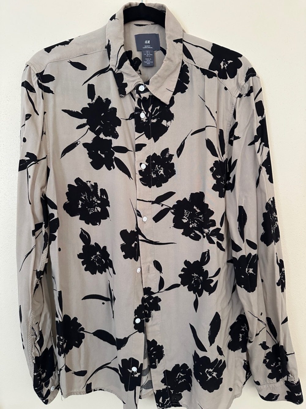 H&M Men's Taupe Shirt with Black Floral Print
